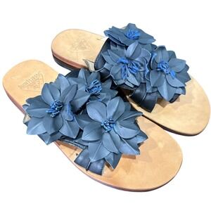 John Fluevog Sandals Womens Size 6 Blue Leather Slides Floral Applique Resort